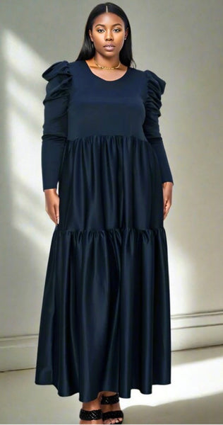 Ruffled Shoulder Maxi Dress (Navy)